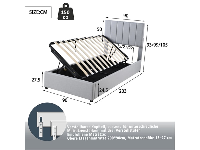  Modenvie lit coffre enfant 90x200 cm - rangement hydraulique, tete de lit reglable, sans matelas - gris  - Conforama C