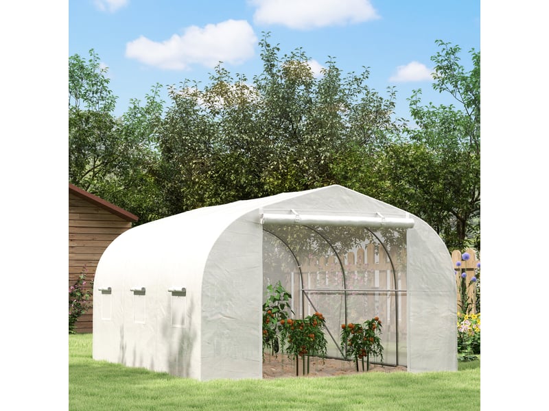  Serre tunnel de jardin avec 6 fenêtres et porte sectionnelle, acier et pe, 3,5 x 3 x 2 m, blanche  - Conforama C