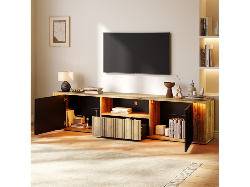  Meuble tv bas 180 x 40 x 51 cm avec led, 2 portes et tiroir, noir et bois  - Conforama D