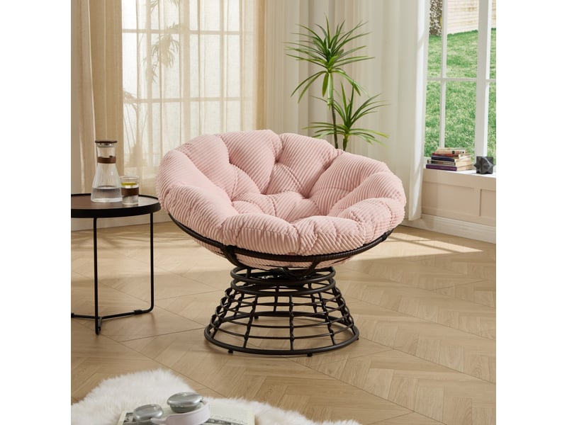  Fauteuil papasan pivotant à 360° en résine tressée - 92x92x67cm - coussin épais velours côtelé confortable - marron et rose  - Conforama C