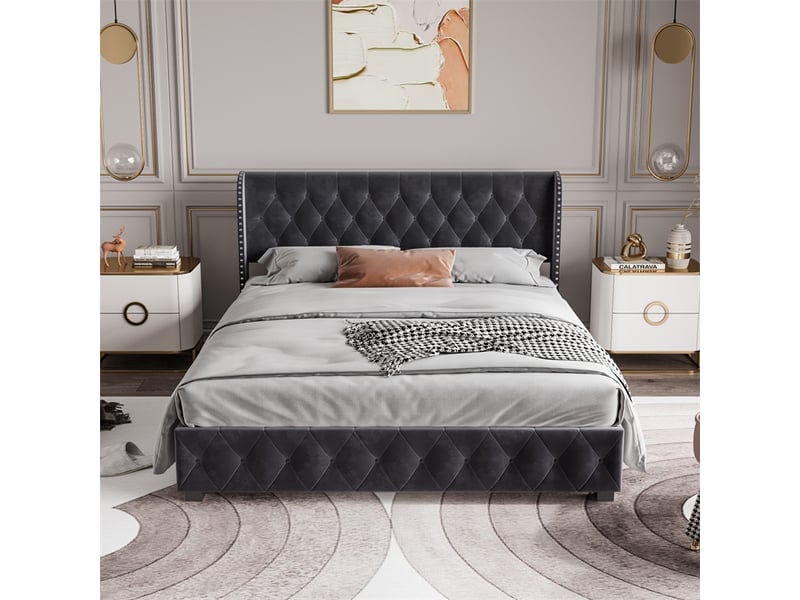  Lit 140x190cm - lit coffre 140x190cm - lit rembourré en velours avec rangement et tête de lit capitonnée rivets - gris foncé  - Conforama C