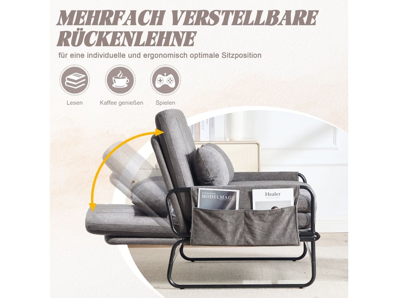 Canapé-lit 2 places 104 cm convertible, cadre en métal, tissu chenille, poches latérales, assise en mousse haute densité, gris - Conforama E