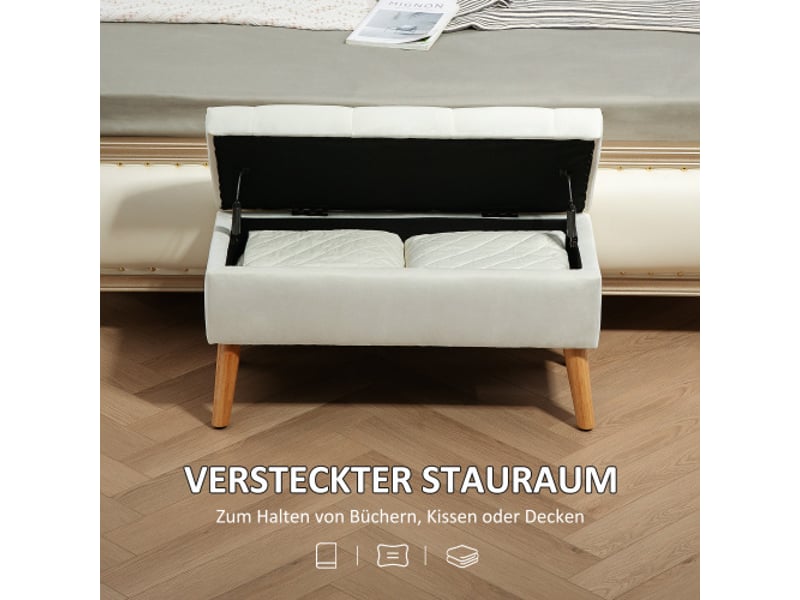  Banc coffre blanc rembourré effet velours, couvercle, bois d’hévéa, 102x35x43 cm, rangement  - Conforama D