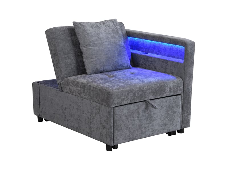 Fauteuil gigogne 177x68x65 cm, design 3-en-1 transformable, dossier ajustable, led, charge, accoudoir, lin, gris clair - Conforama A