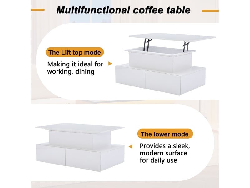  Table basse 90x55x41 cm avec 4 tiroirs, plateau relevable, rangement ouvert, led, table de salon, pour salon, pb, blanc  - Conforama D