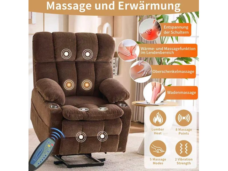  Fauteuil électrique 2 moteurs marron 91x94x107 cm – massage, chauffage lombaire et aide au relevage  - Conforama D