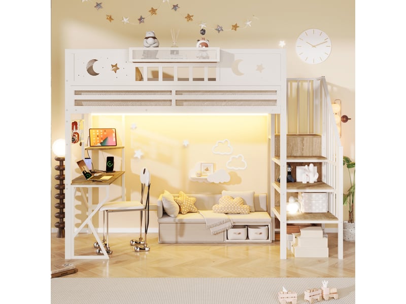  Lit mezzanine, 90 x 200 cm, structure en fer, panneau perforé, étagères multiples, bureau, port usb, barrière de sécurité, éclairage led, pieds en forme de k, matelas non inclus, blanc  - Conforama B