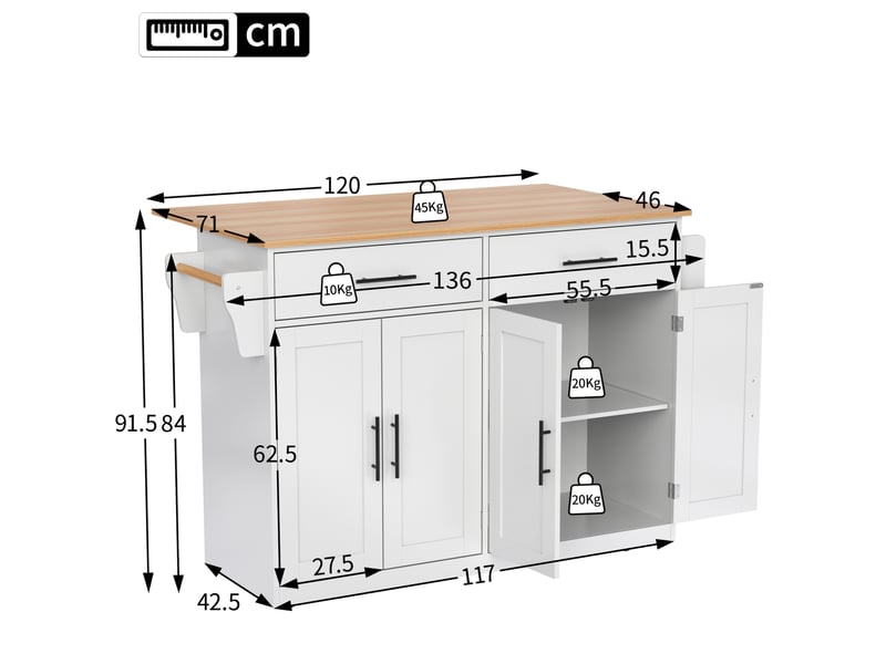  Desserte de cuisine 120 x 46 à 71 x 91,5 cm blanc et naturel en mdf, plateau rabattable, 2 tiroirs, 4 portes  - Conforama C