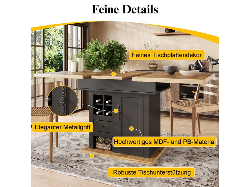 Table à manger extensible, table de cuisine avec rangements intégrés, plateau extensible, range-bouteilles, dimensions 110 à 140 x 80 cm, mdf, noir  - Conforama E
