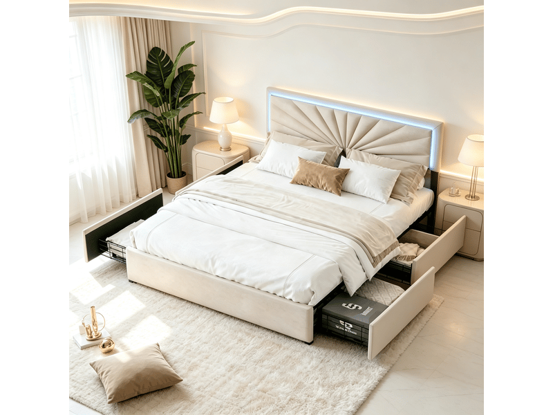  Lit double 160x200 cm avec rangement - 4 tiroirs, éclairage led, tête de lit réglable, sommier à lattes, lin beige, 300 kg  - Conforama B