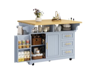 Îlot de cuisine mobile bleu en mdf 120 x 40 x 95 cm, plateau rabattable et 3 tiroirs, style vintage pratique