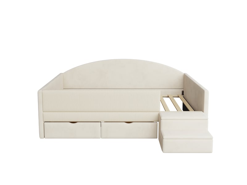  Lit enfant 90x190 cm beige en velours avec 2 tiroirs, marches antidérapantes et barrière rembourrée  - Conforama W