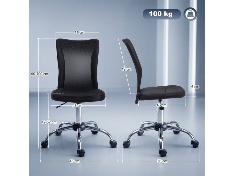  Chaise de bureau ergonomique sans accoudoirs en tissu respirant à maille hauteur réglable 5 roues 43x58x90-100 cm noire  - Conforama C