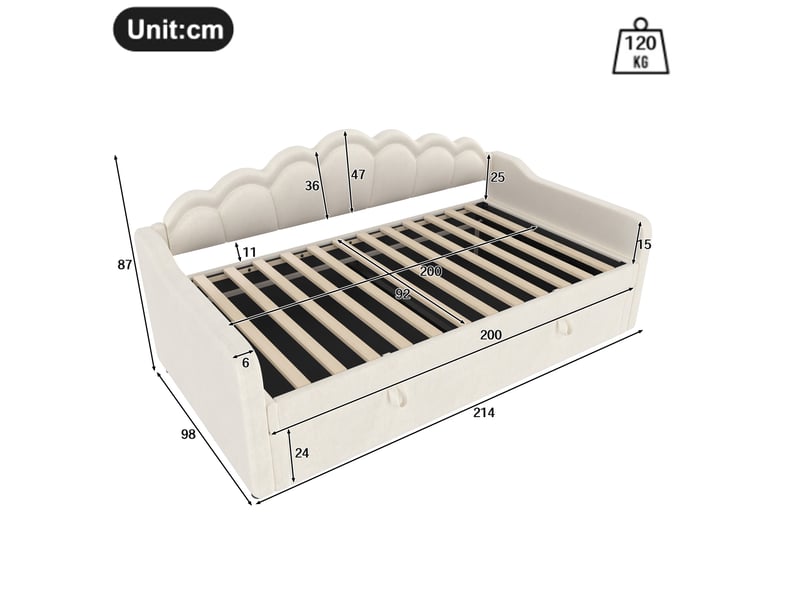  Lit de repos 90x200 en velours beige, canapé-lit avec coffre et éclairage led, 98x214x87cm  - Conforama C