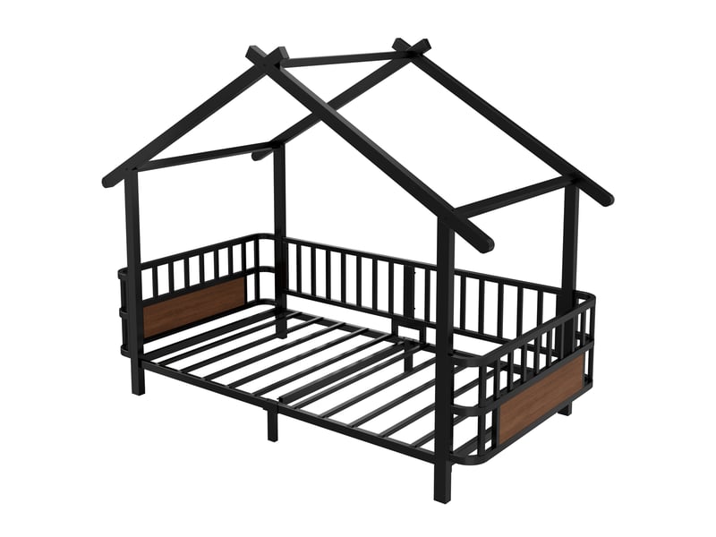  Lit enfant maison 90x200 cm, lit cabane, barrières sécurité, chambre, style contemporain, métal, noir, sans matelas  - Conforama A