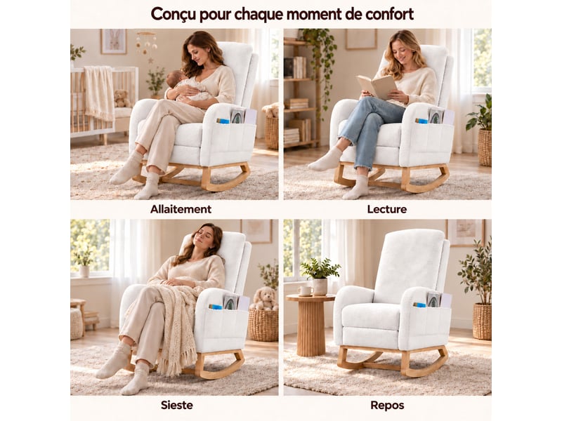 Fauteuil à bascule avec repose‑pieds, fauteuil d’allaitement en tissu teddy blanc, dossier haut ergonomique, poche latérale, chaise relax pour salon, chambre et espace bébé - Conforama D