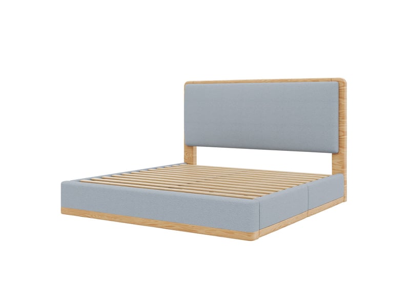  Lit double rembourré 180x200 - lit adulte avec tête de lit rembourrée - mdf+pu - tissu teddy - gris+naturel (sans matelas)  - Conforama E