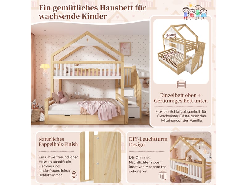  Lit superposé enfant 3 places 90×200 cm et 140×200 cm, 2 tiroirs - okmyhome- sans matelas, bois blanc et chêne  - Conforama E