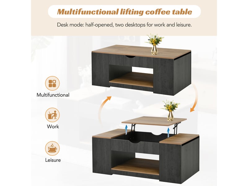 Table basse relevable avec 109,5 x 59,7 x 43 cm table de salon avec espaces de rangement ouverts et caché bois + marron BUBBLY - Conforama D