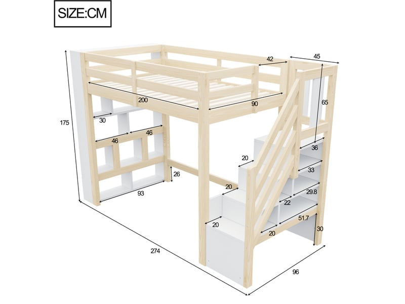 Lit mezzanine 90x200 cm avec rangements et led, coloris bois naturel et blanc, sans matelas - Conforama C