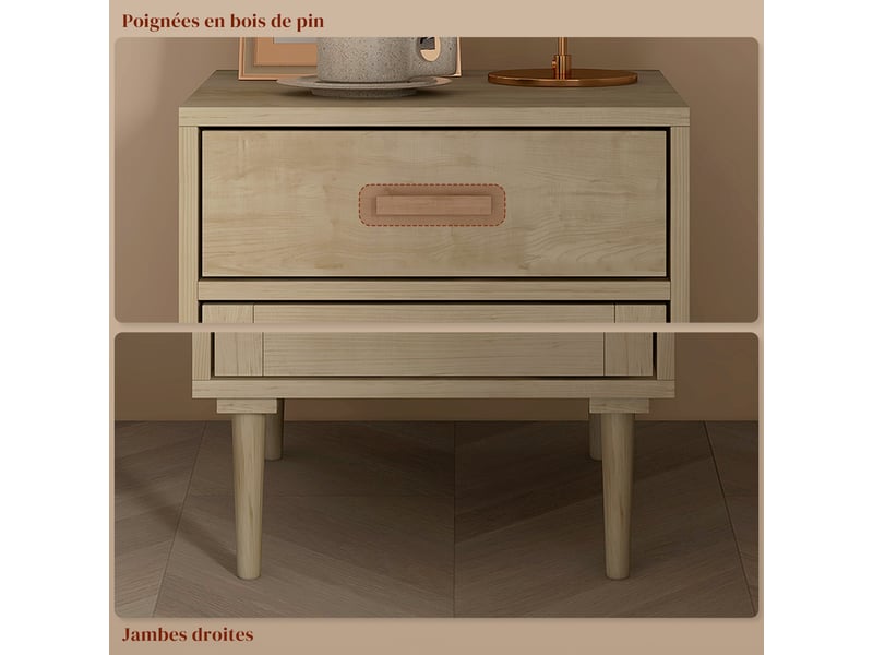  Lot de 2 tables de chevet avec placard et étagère porte rotin tissé 1 tiroir design bohème - naturel 40 x 40 x 68,5 cm  - Conforama W