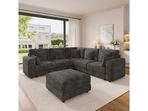 Canapé d'angle modulable 6 places 215x215x82 cm en lu avec usbusb-c, porte-gobelets, rangements intégrés, 7 coussins, chenille - gris