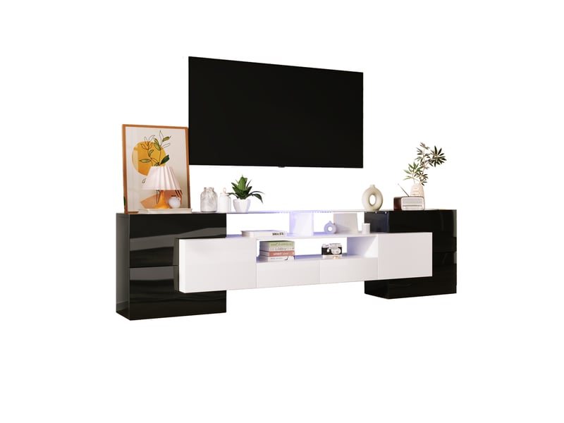  Meuble tv 200 cm noir et blanc brillant avec led multicolore, design moderne pour salon, surface en verre élégante  - Conforama A