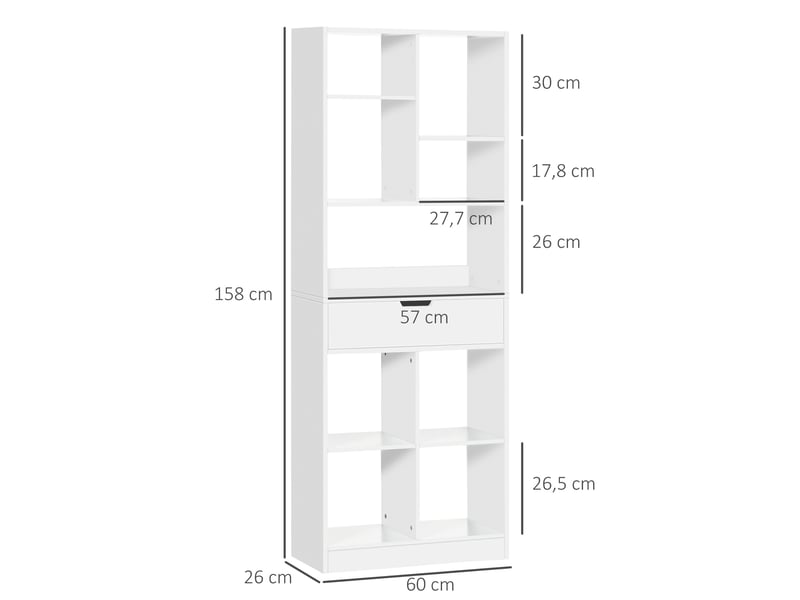  Bibliothèque en bois avec 1 tiroir et 9 compartiments, meuble de rangement pour salon, bureau, bibliothèque, 60 x 26 x 158 cm, blanche  - Conforama E