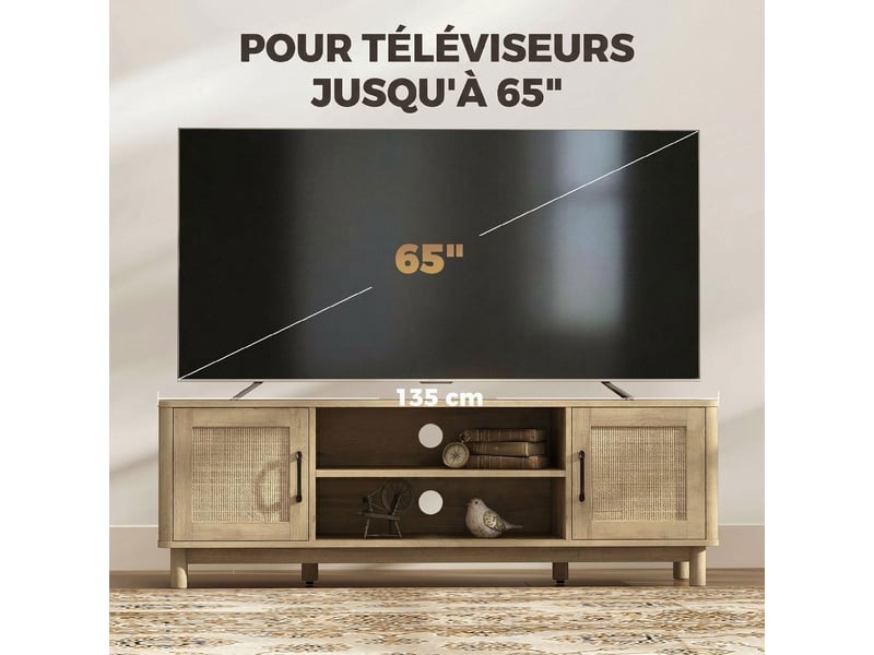  Meuble tv 135 cm, meuble télé pour téléviseur jusqu'à 65 pouces avec 2 portes en rotin, chêne, 2 compartiments ouverts  - Conforama E