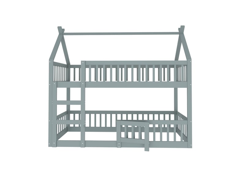Lit superposé 90x200 - bois massif gris - lit superposé enfant - design cabane, barrières hautes, porte d'entrée - Conforama E