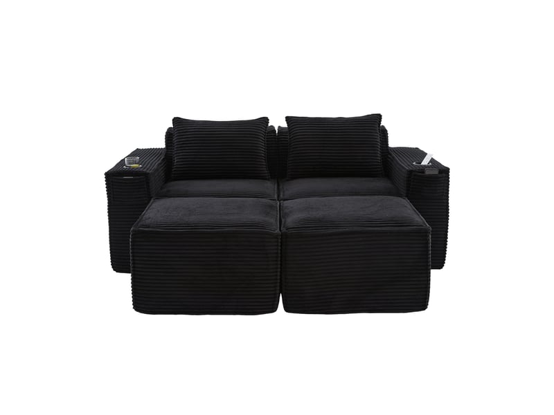  Canapé 2 places avec 2 poufs 188x162x75 cm en velours côtelé noir  - Conforama R