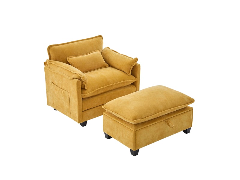  Fauteuil de détente 103x85x91 cm, avec pouf, sac de rangement, tissu chenille, jaune Cozy Nook - Conforama A