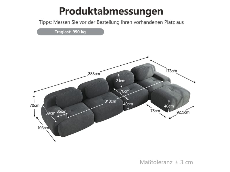  Canapé d’angle modulable 388x178x70 cm, prêt à utiliser, finition velours côtelé gris  - Conforama C