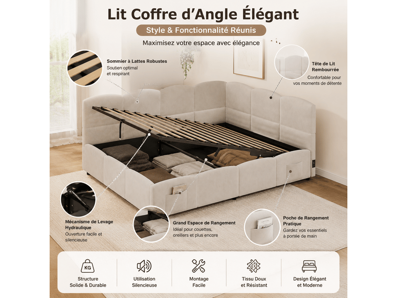  Lit coffre enfant 140x200 cm beige velours avec sommier à lattes usb rangement sans matelas  - Conforama D