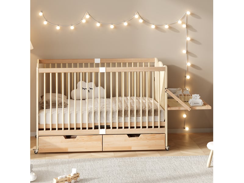  Lit bébé 70 × 140 cm avec 2 tiroirs, sommier réglable, 4 roulettes verrouillables et table à langer en bois de pin  - Conforama D