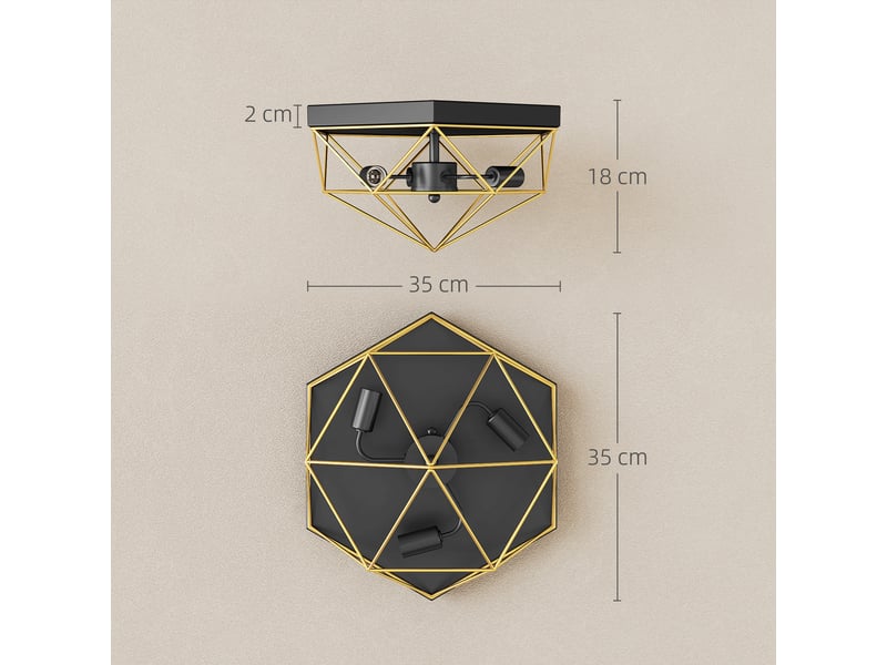  Plafonnier géométrique de style industriel avec 3 douilles e27 pour ampoules led, noir et or  - Conforama E