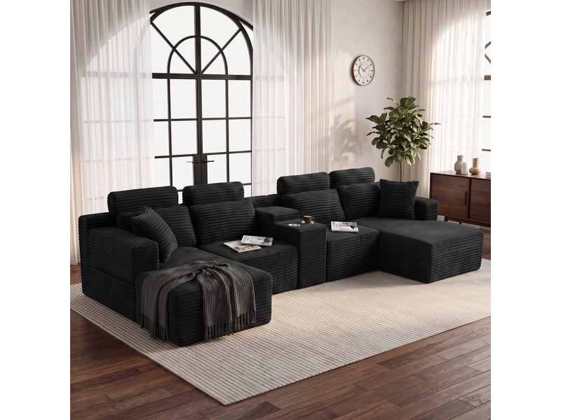 Canapé panoramique modulable compressé 6 places 372x151x80 cm, forme u, 2 porte-gobelets, sans structure, velours côtelé noir - Conforama B