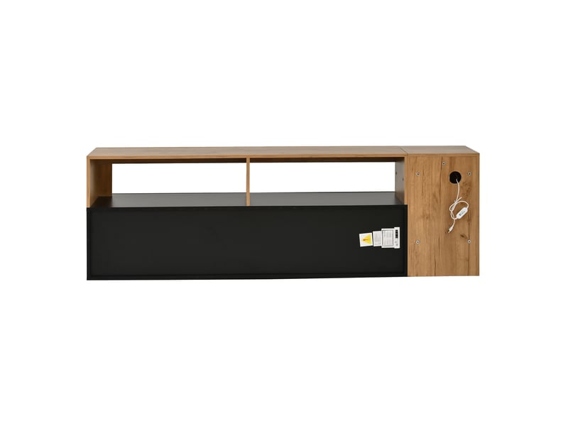  Meuble tv 184 cm noir et naturel, led, rangements ouverts et fermés avec passe-câbles Fay Lum - Conforama D