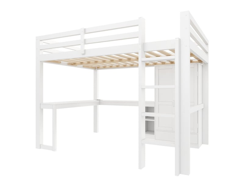  Lit mezzanine 140x200 cm avec bureau, étagères, armoire, port usb et éclairage led, blanc  - Conforama A