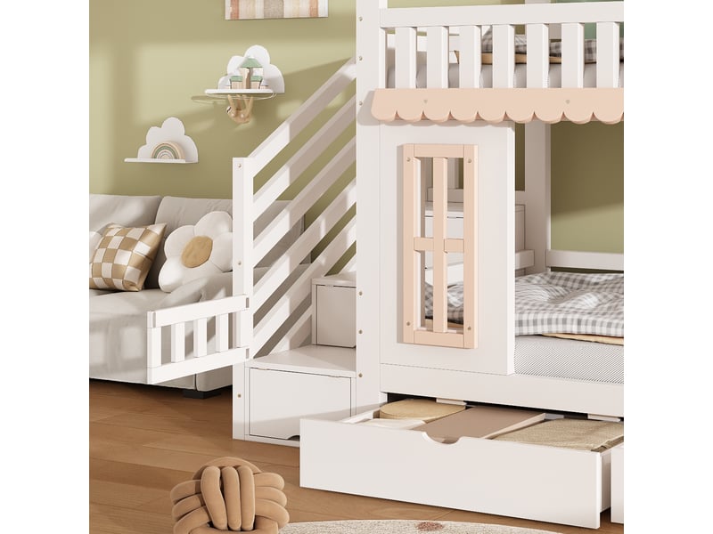  Lit superposé enfant forme maison 90x200 cm blanc et bois clair pin et mdf avec échelle latérale rangement 2 tiroirs fenêtre décorative Sol Morn - Conforama D