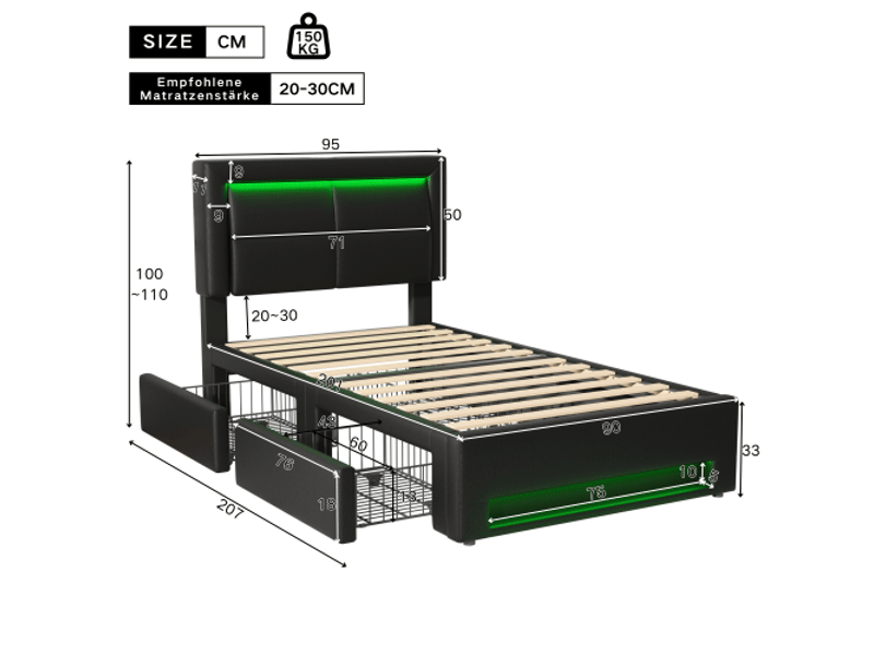 Lit enfant 90x200 cm, lit simple rembourré avec port usb, éclairage led et 4 tiroirs, en pu noir, sans matelas - Conforama D