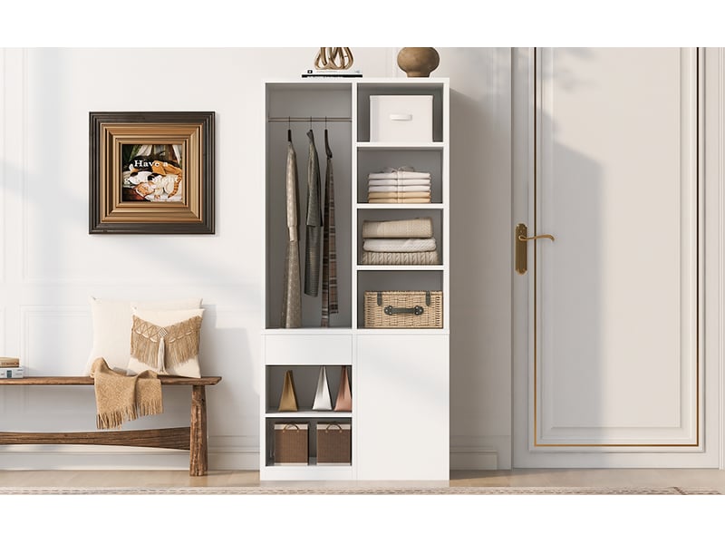 Armoire avec penderie, tiroirs et étagères ouvertes, grand rangement pour chambre en mdf 70×50×170 cm blanc - Conforama E