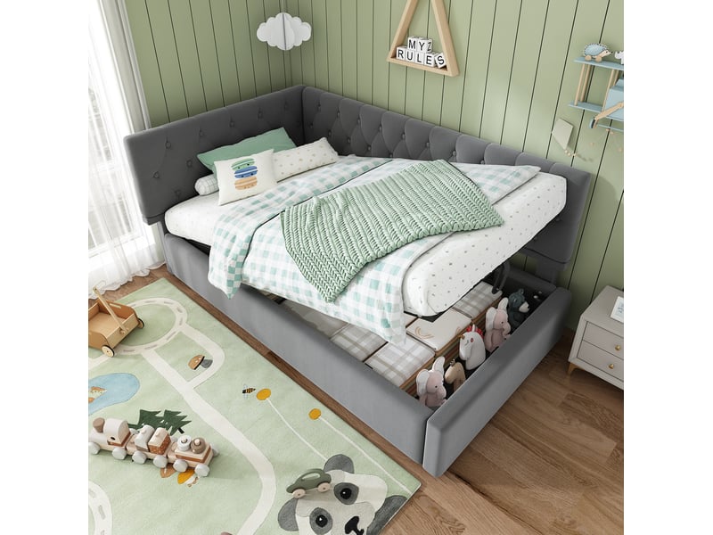  Lit de jour 90x190 cm avec rangement hydraulique et sommier à lattes en bois gris sans matelas  - Conforama B
