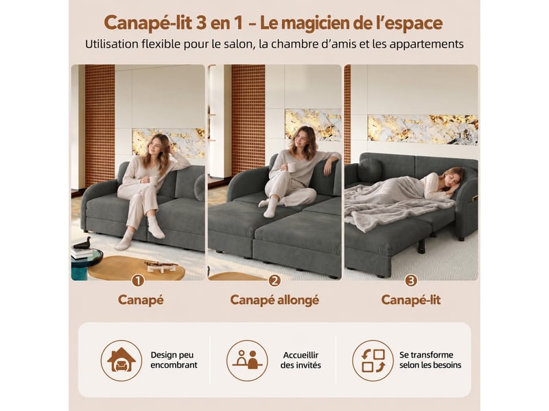  Canapé 2 places convertible en chenille, 166 x 84 x 90 cm, lit coulissant avec dossier réglables de poches de rangement, gris  - Conforama D