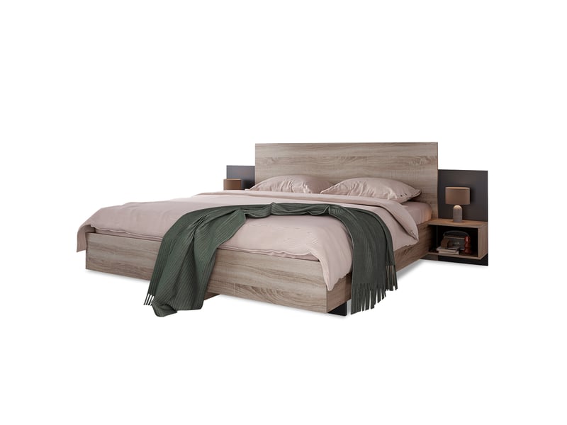  Ensemble lit double 160x200 cm avec 2 chevets suspendus, lit en bois massif fsc avec tête de lit et sommier à lattes, chêne sonoma et gris foncé OPULERANE TRADING LTD - Conforama A