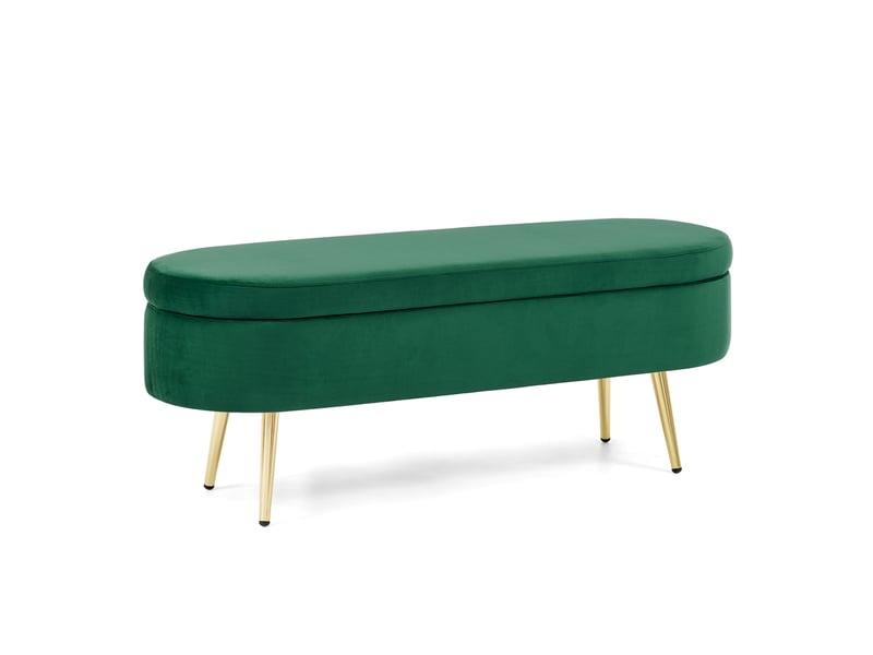  Banc de rangement ovale 110x40x42 cm en velours vert foncé avec pieds dorés  - Conforama A