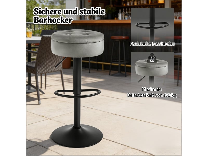  Tabouret de bar pivotant avec coffre de rangement, hauteur réglable et repose-pieds, en velours gris clair  - Conforama E