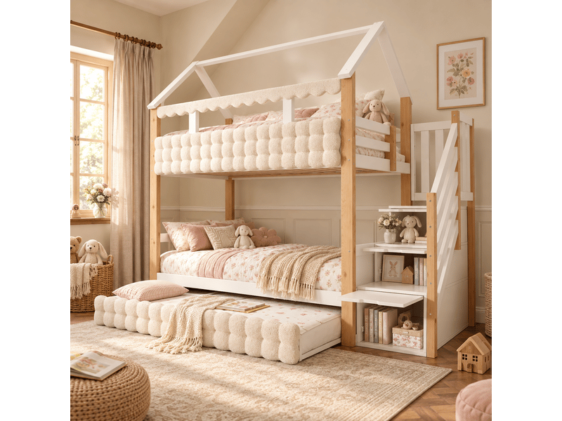  Lit superposé enfant blanc 90x200 cm avec lit gigogne 90x190 cm, escalier avec rangements, panneaux bouclette, barrières de sécurité, norme en 747  - Conforama B