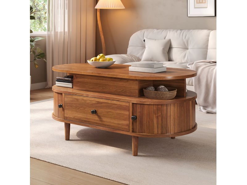 Table basse ovale 105x50x60,5 cm avec plateau relevable hydraulique, rangement caché, mdf, couleur marron  - Conforama E