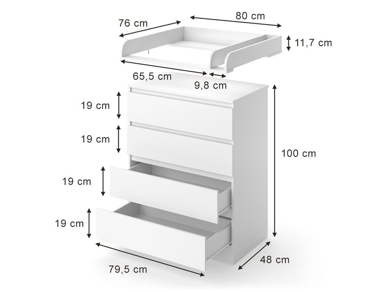  Vitalispa commode à langer, blanc, 80x111.6cm avec 4 tiroirs  - Conforama B